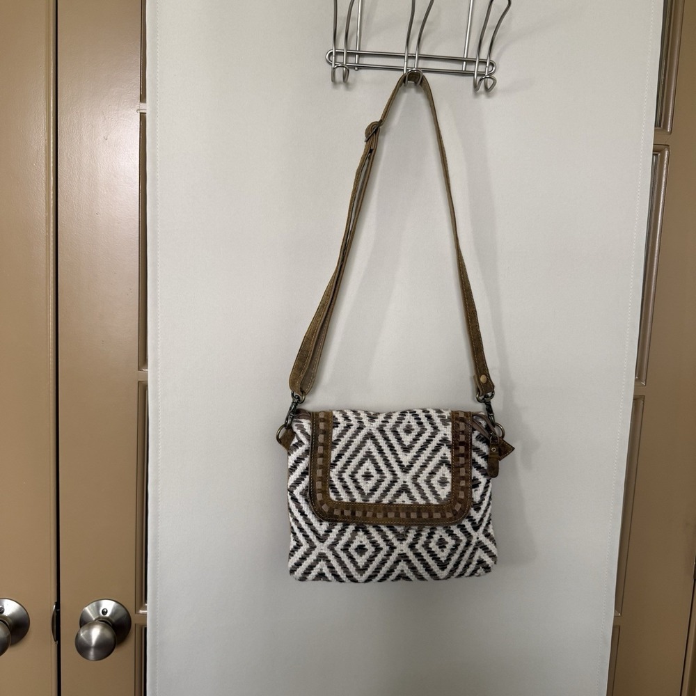 Myra Bag Sand Ateca Weaver Small Crossbody Purse Geometric Leather Strap Woven